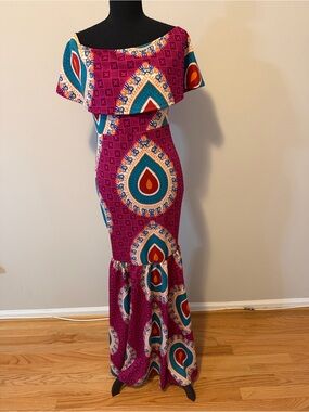 Fuchsia Off-Shoulder Printed Maxi Dress